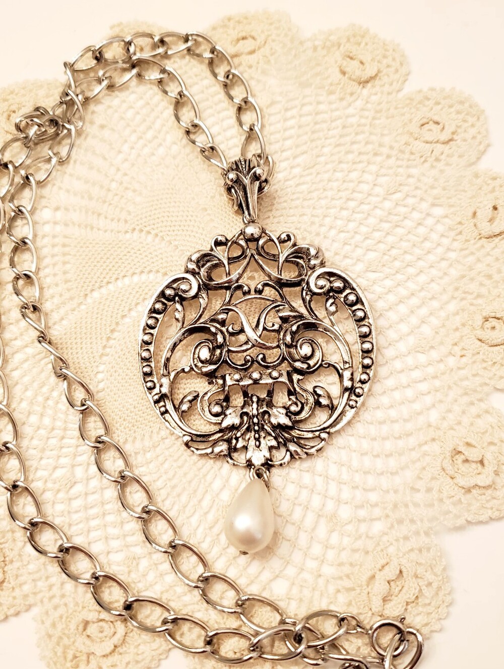 AVON Vintage 1970's Silver Filigree Pendant Necklace with Pearl Drop, Chunky